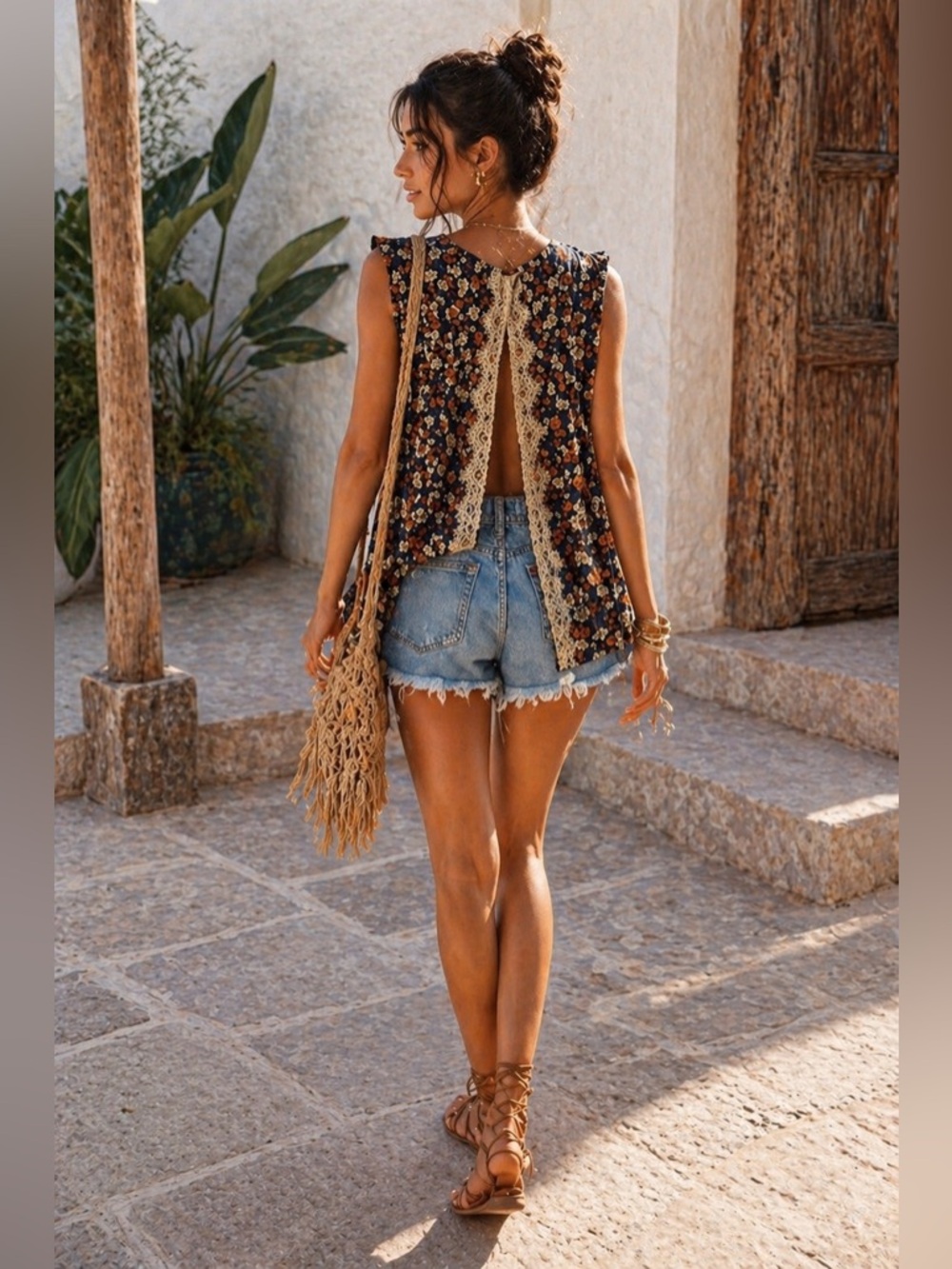 POL Navy Floral Lace-Trim Cold Shoulder Top